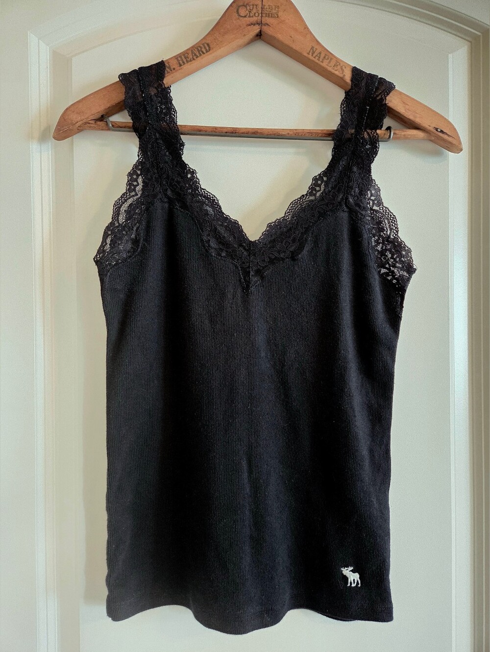 RARE Vintage Abercrombie & Fitch Black Ribbed Lace Trim Cami Tank Top Y2K M